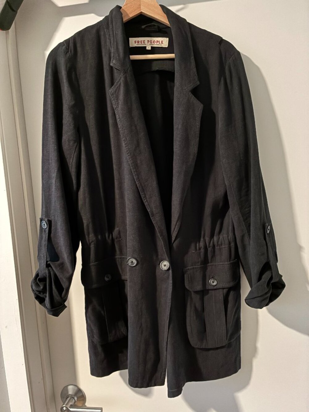 Free People Black Linen Charly Blazer With Cinchable Waist Size S